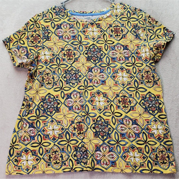 Rafaella Weekend Blouse Top Womens Petite Medium Yellow Floral Beaded Round Neck - Picture 1 of 7